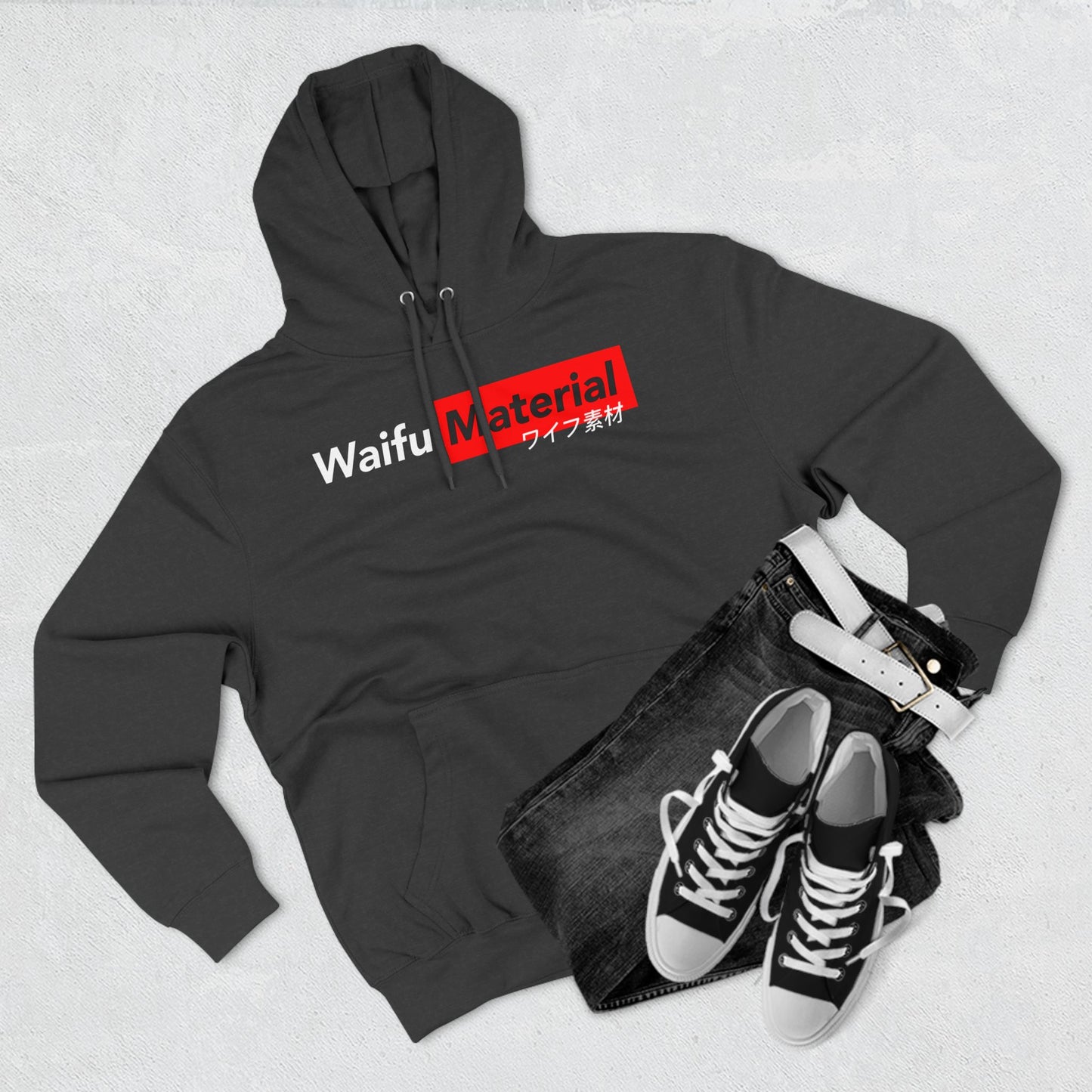 Waifu Material Three-Panel Fleece Hoodie.