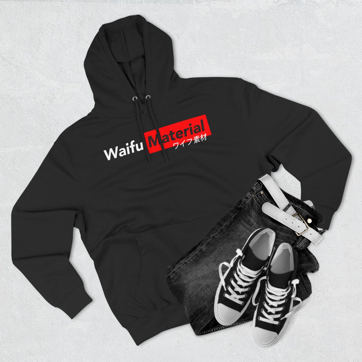 Waifu Material Three-Panel Fleece Hoodie.